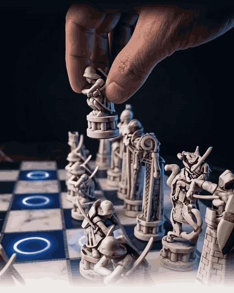 The camera circles the GoChess Wizard board while a hand lifts a piece over the lit coaching rings