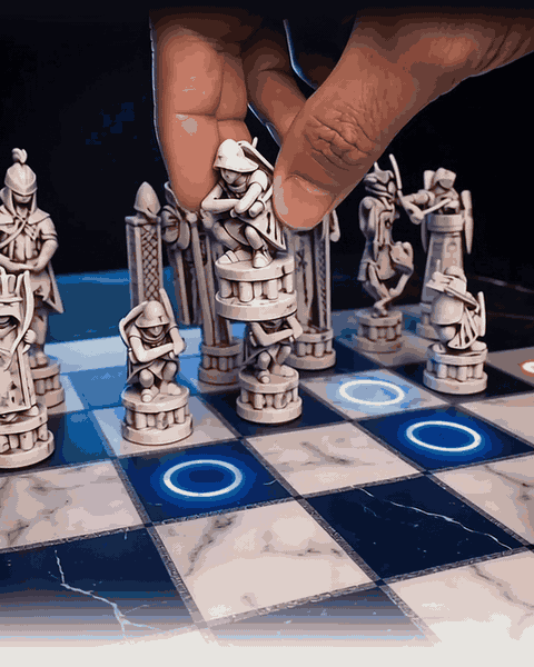 A hand sets a GoChess Wizard piece down among the glowing blue coaching rings