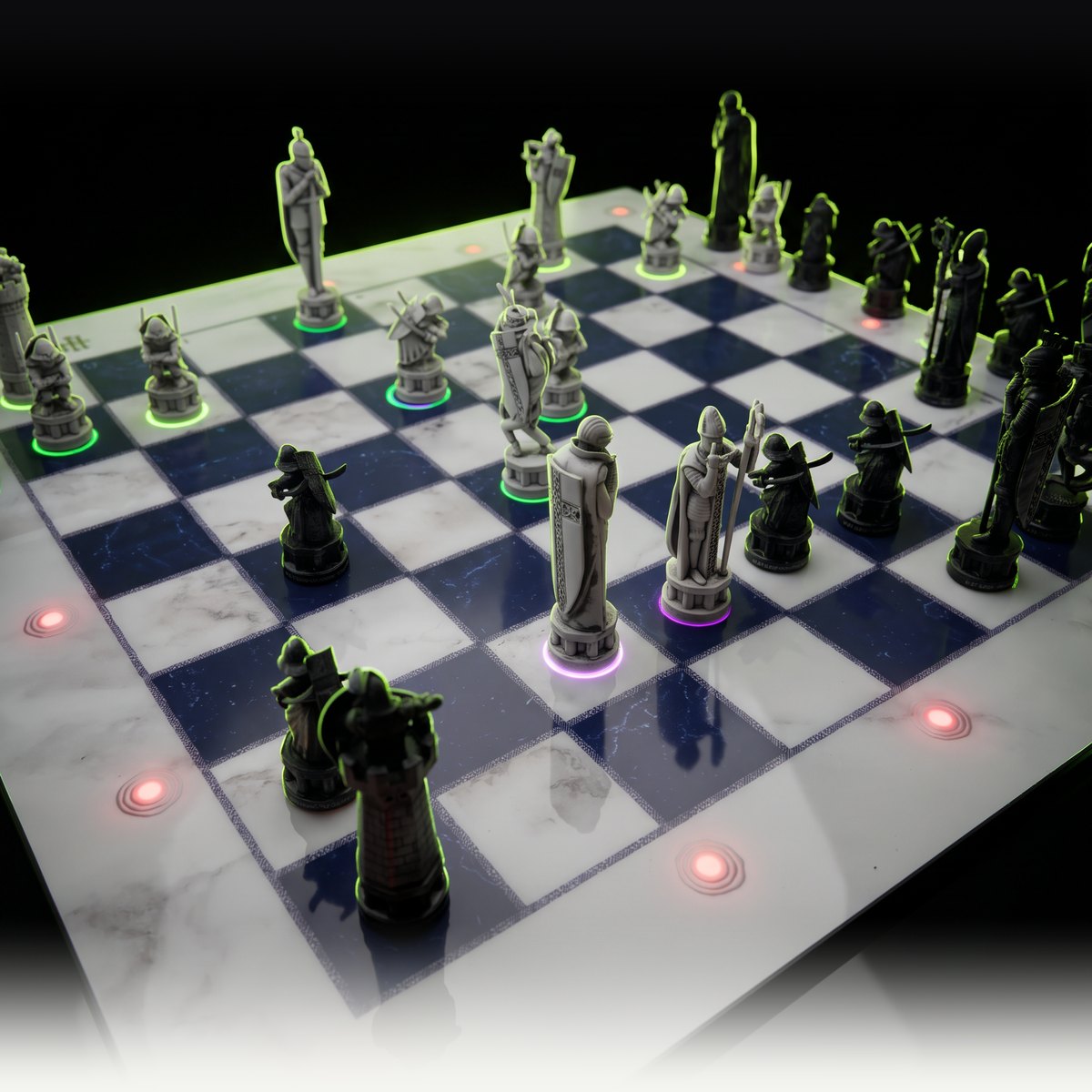 GoChess Wizard pieces outlined in lime light on a glossy black floor