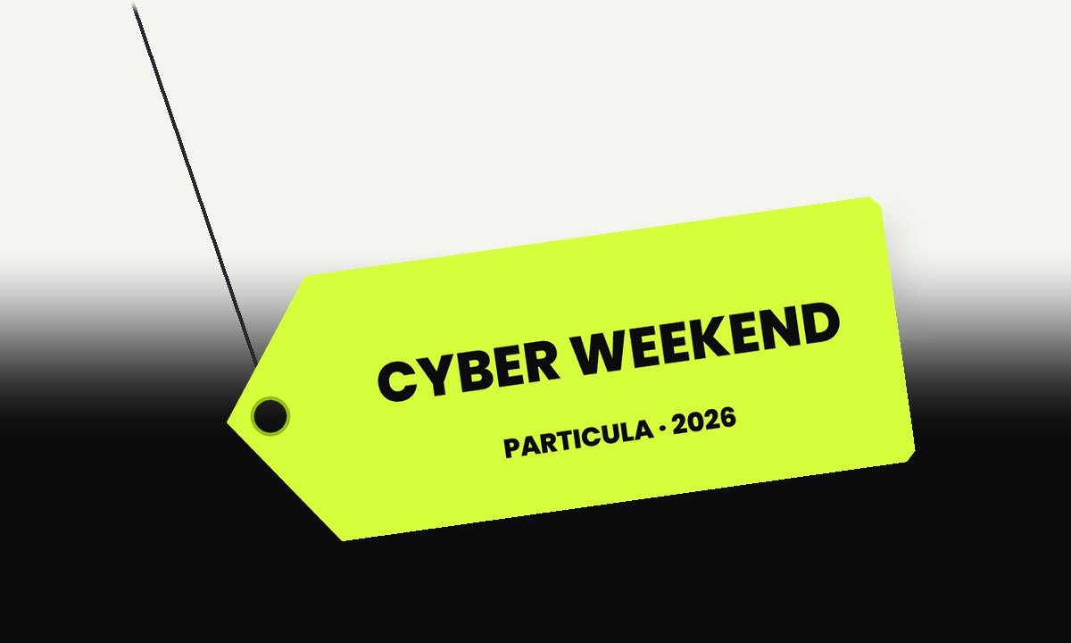 A lime cyber weekend price tag hanging across the page