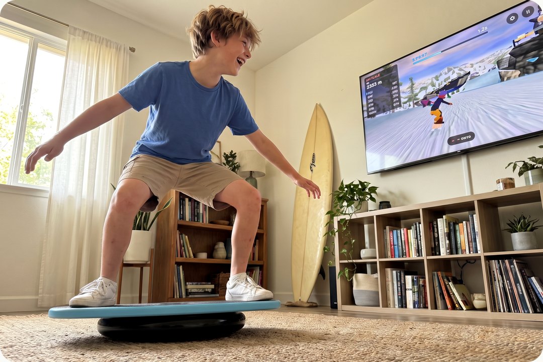 A boy surfing a game on GoBalance in front of the TV