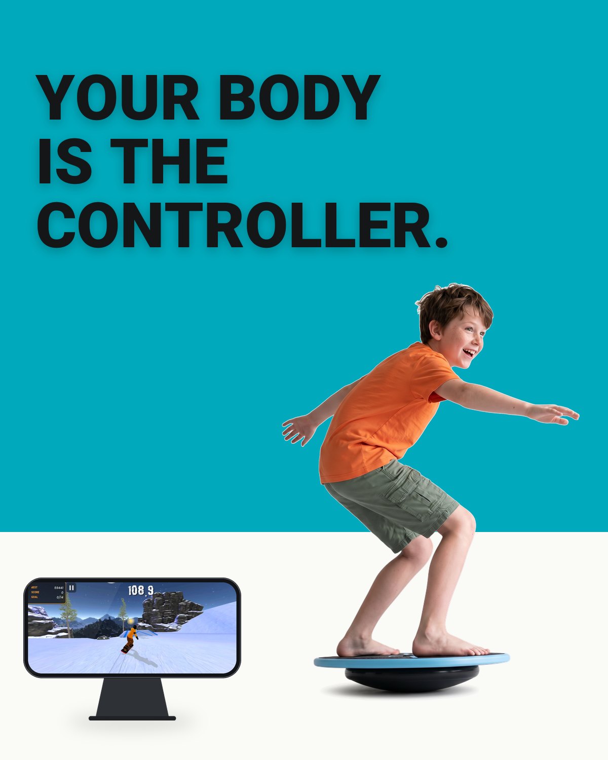 Your body is the controller. A boy in a surf stance on GoBalance.
