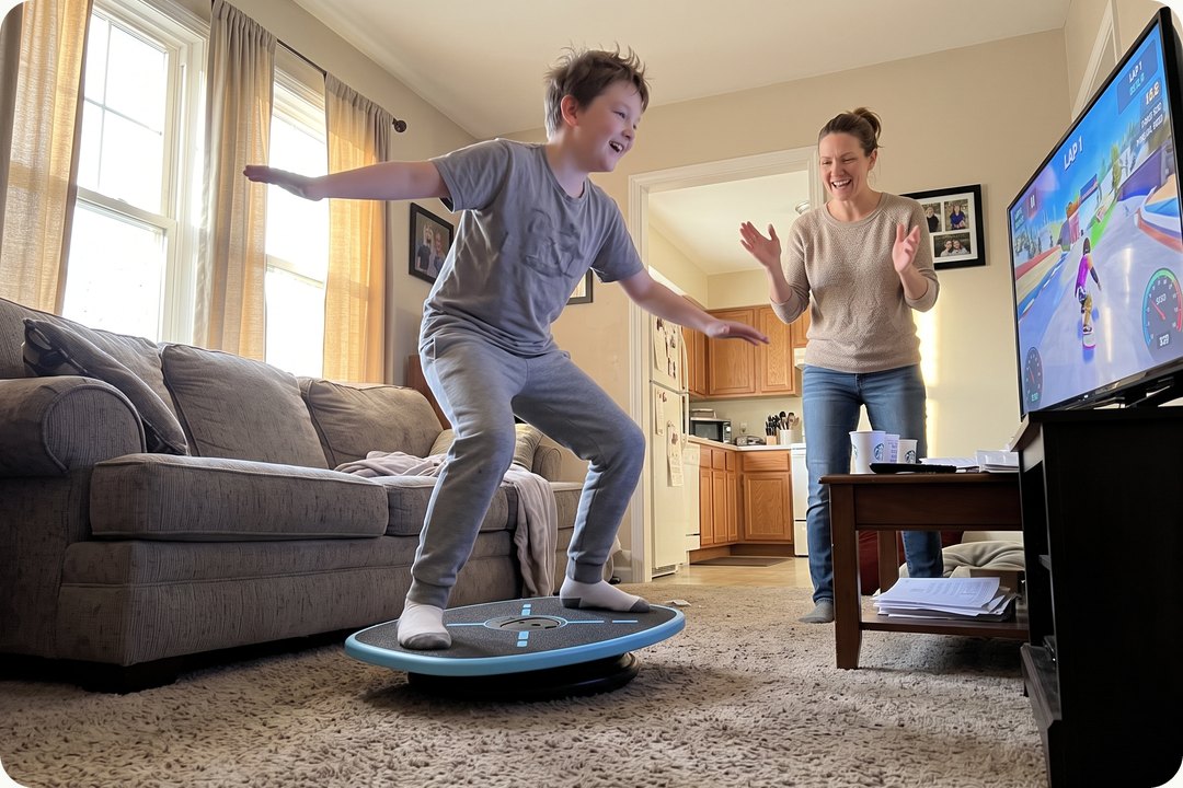 A kid riding GoBalance in front of the TV while his mom cheers
