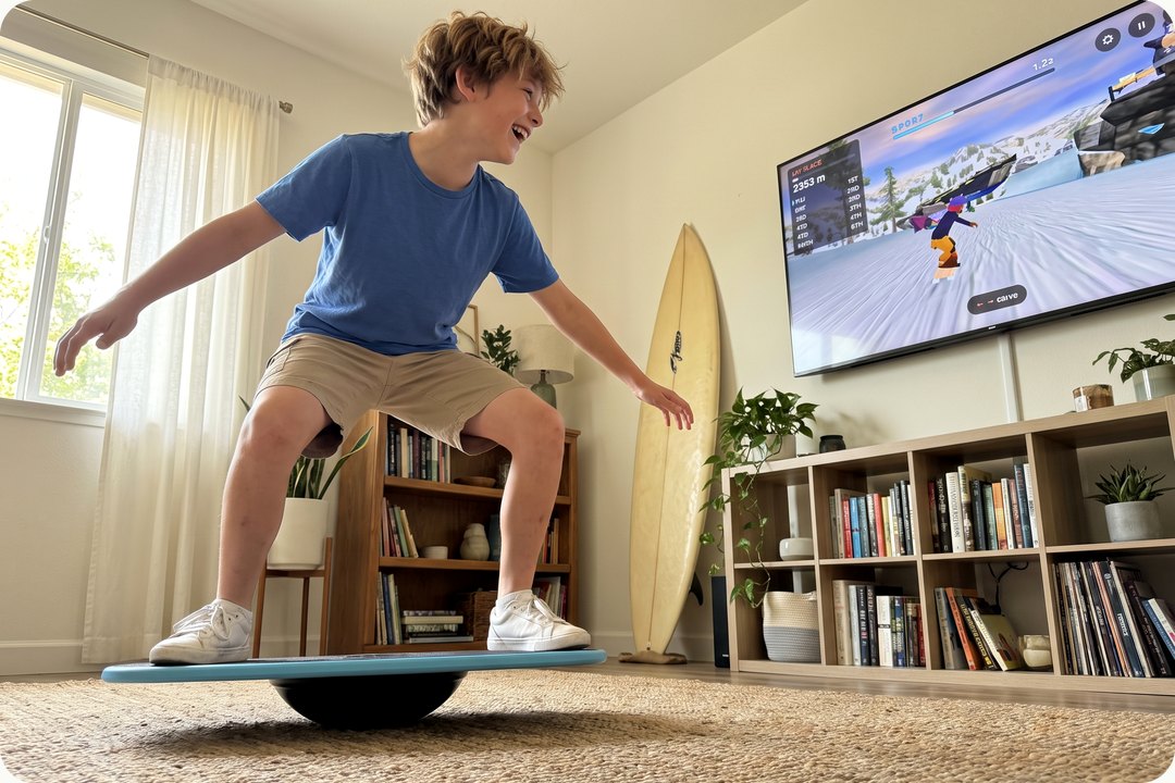 A boy riding a GoBalance game in front of the TV