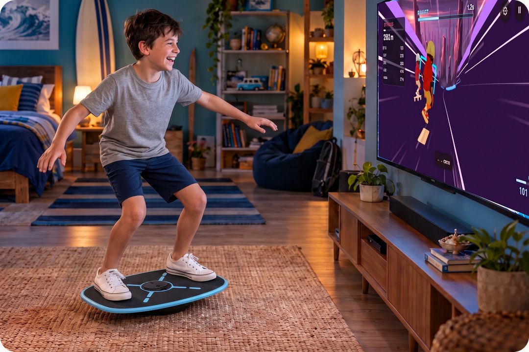 A boy surfing a GoBalance game in a living room