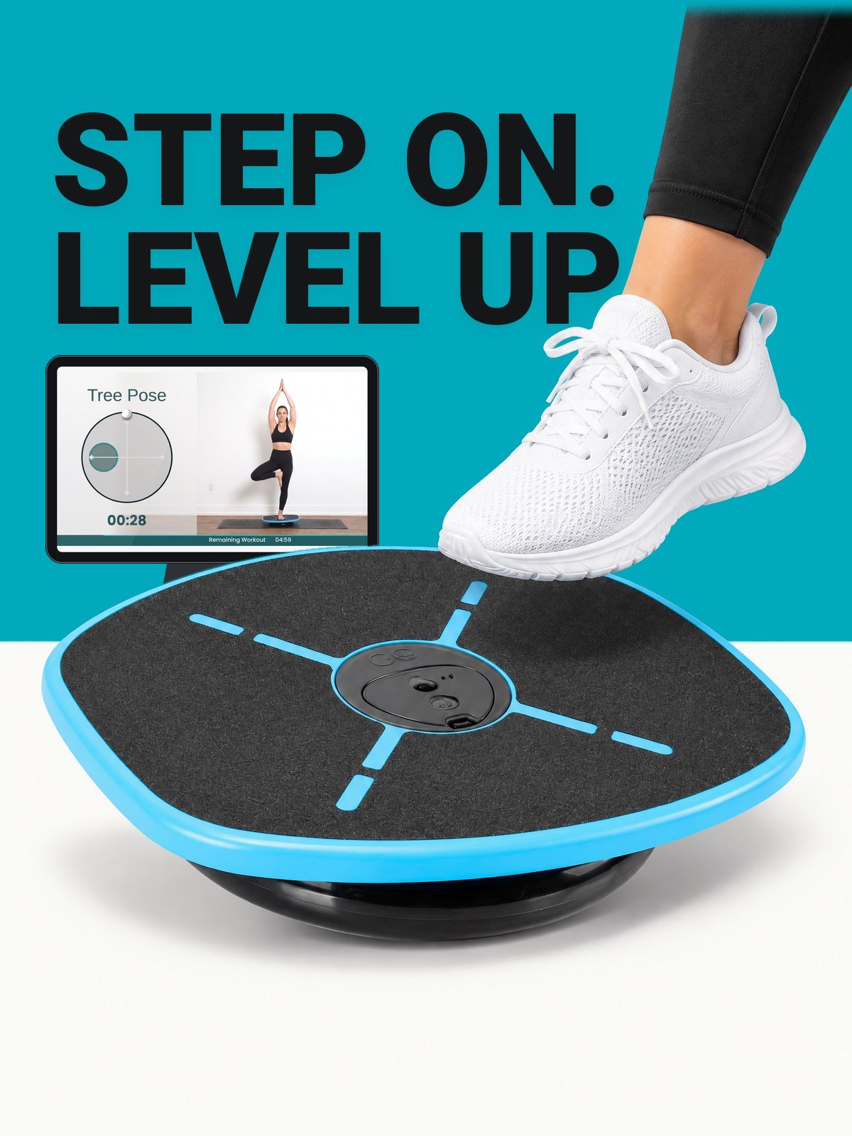 Step on. Level up. A sneaker steps onto the GoBalance Sport board.