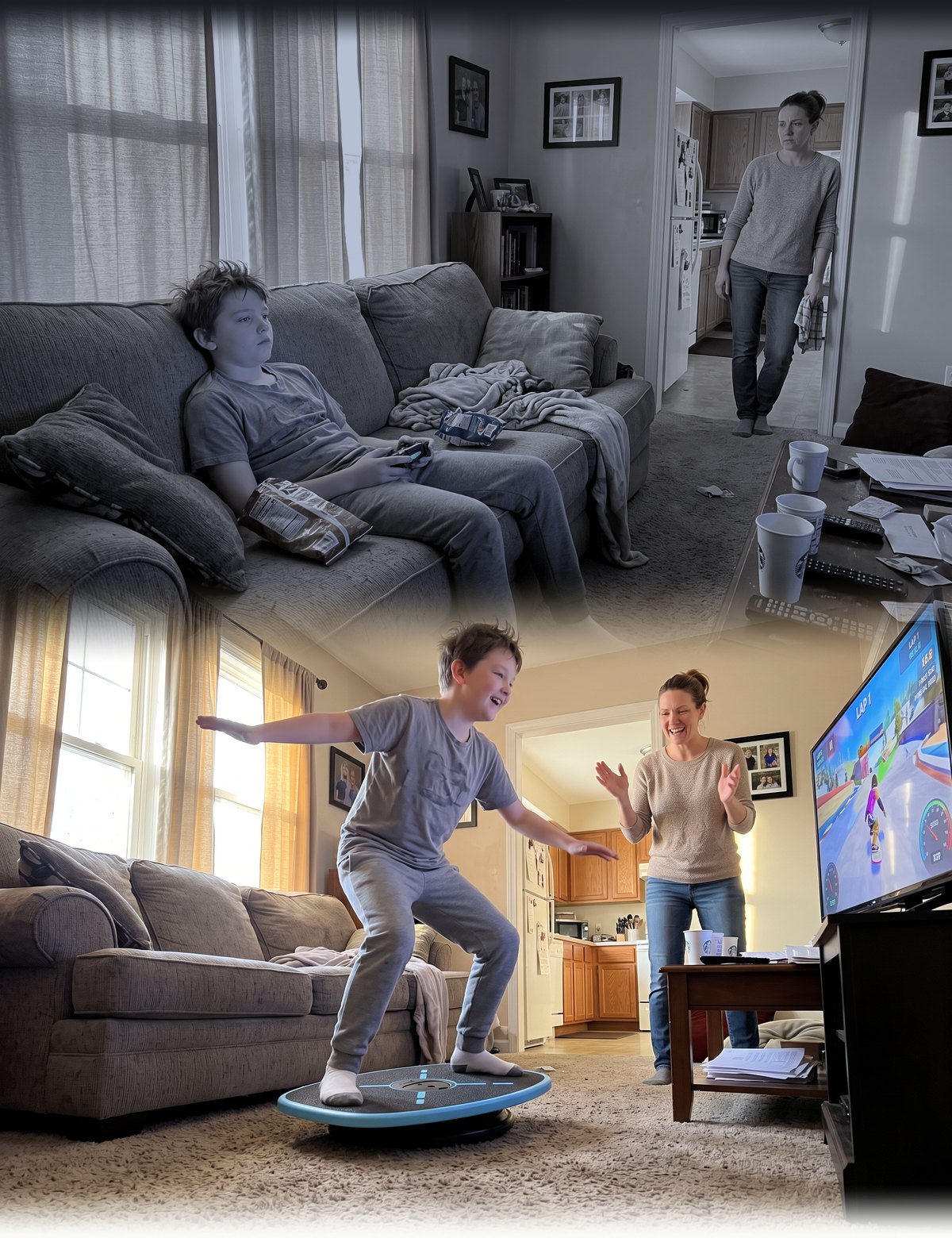 A kid slumped on the couch with a controller, then the same kid on GoBalance with his dad