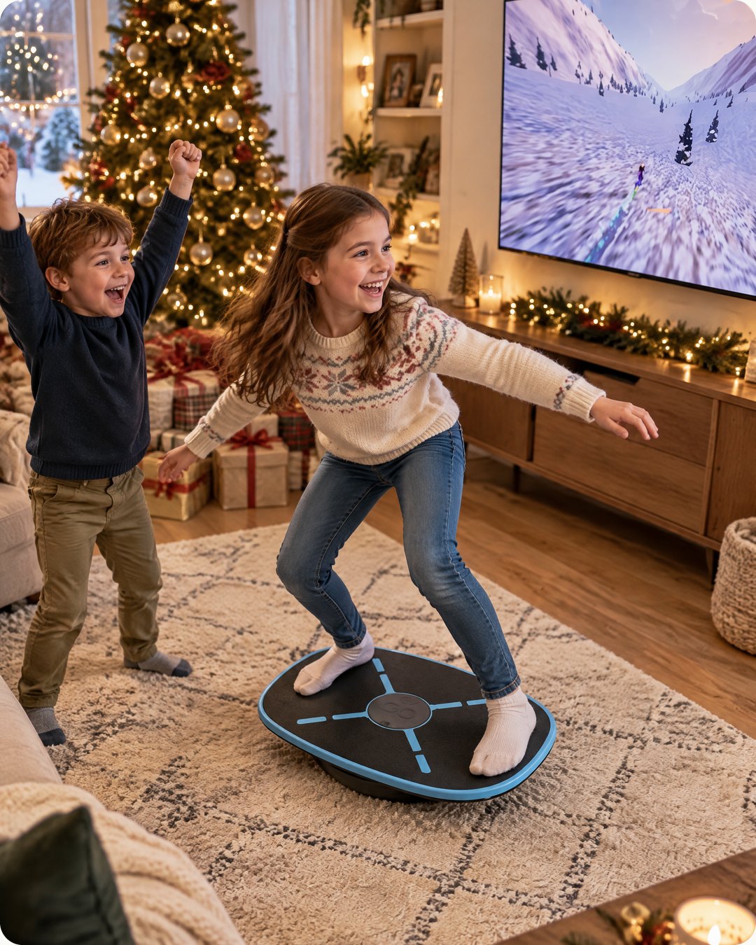 Kids playing GoBalance in a living room at Christmas
