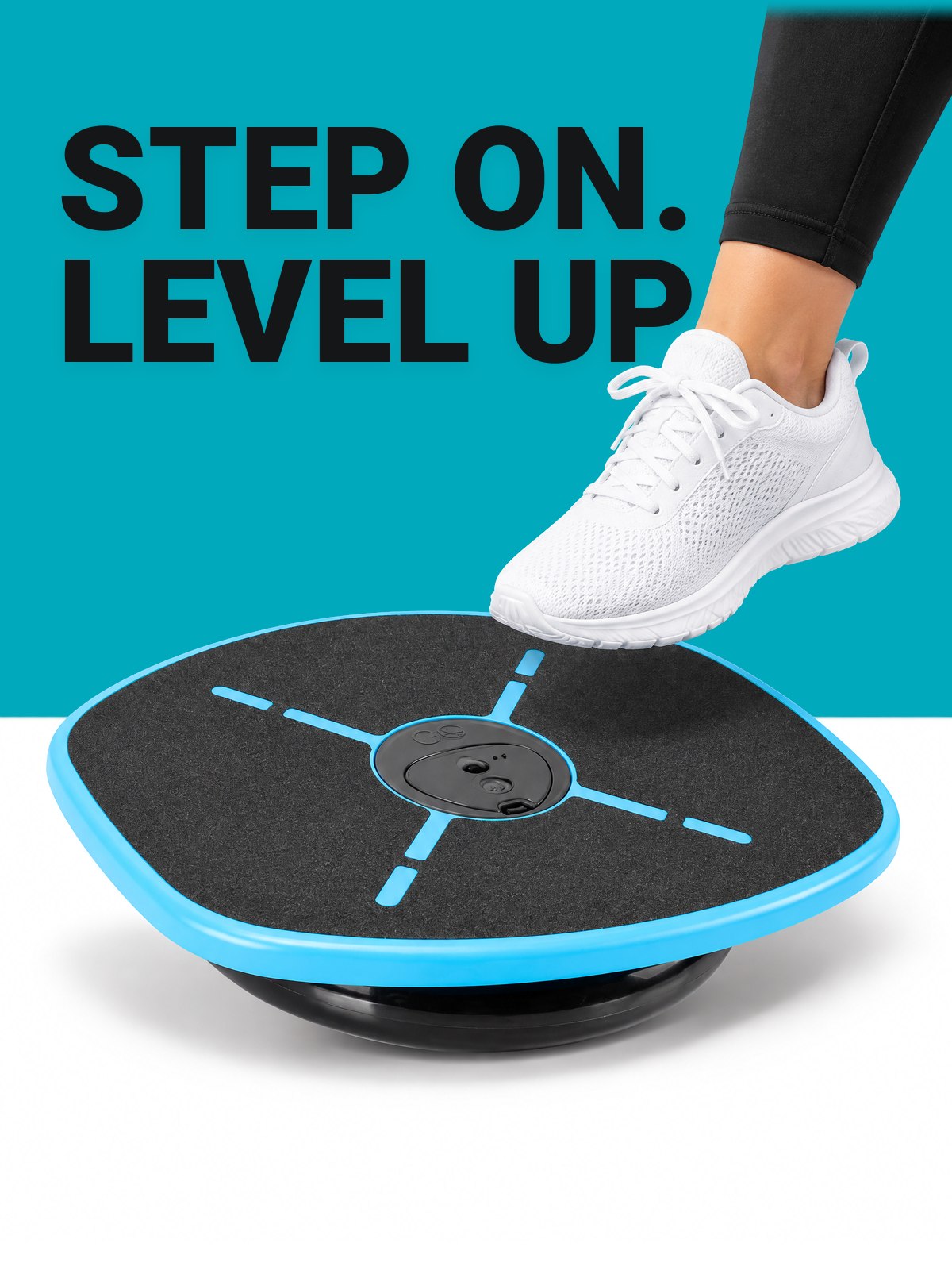 Step on. Level up. A sneaker steps onto the GoBalance Sport smart balance board.