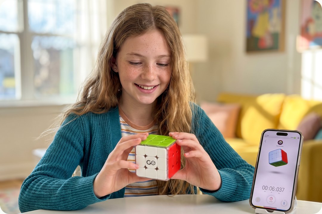 A girl solving GoCube Edge with the app open on her phone