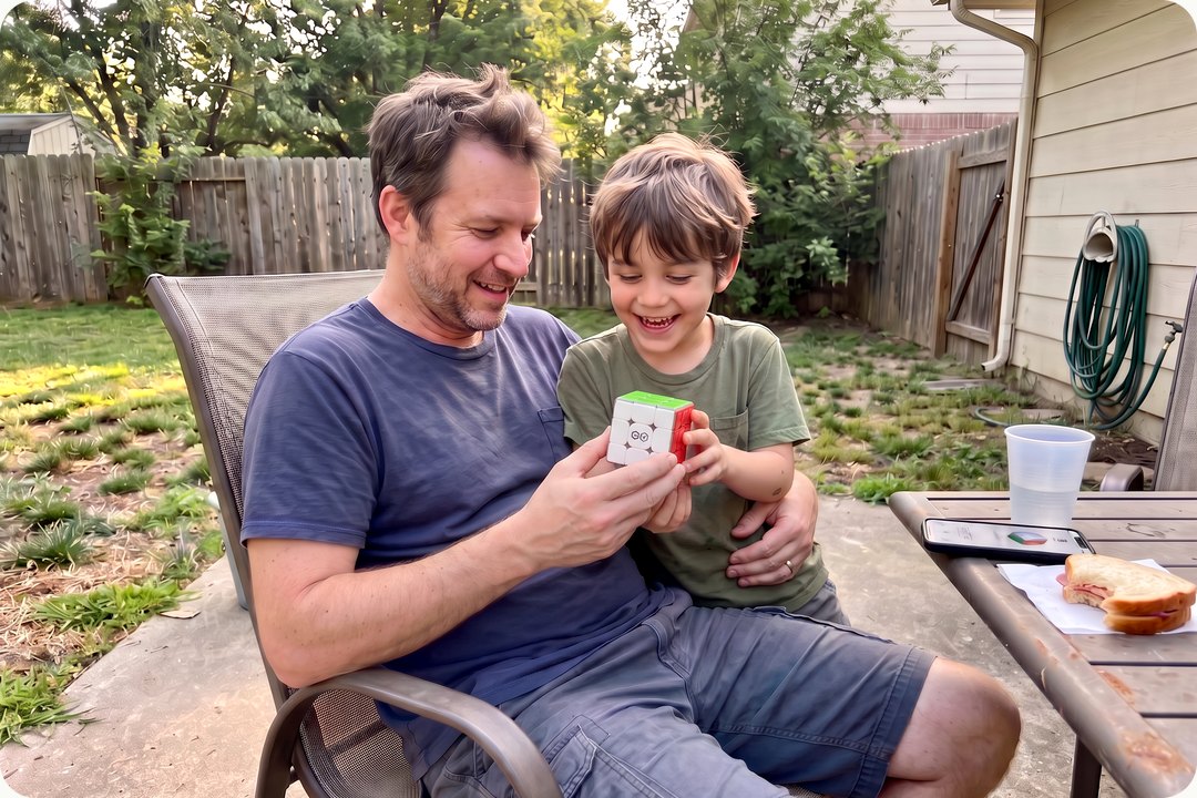 A dad and son racing a GoCube solve outside