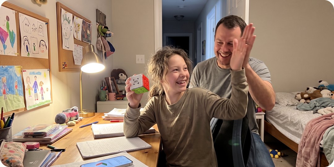A kid celebrating a solve with a parent