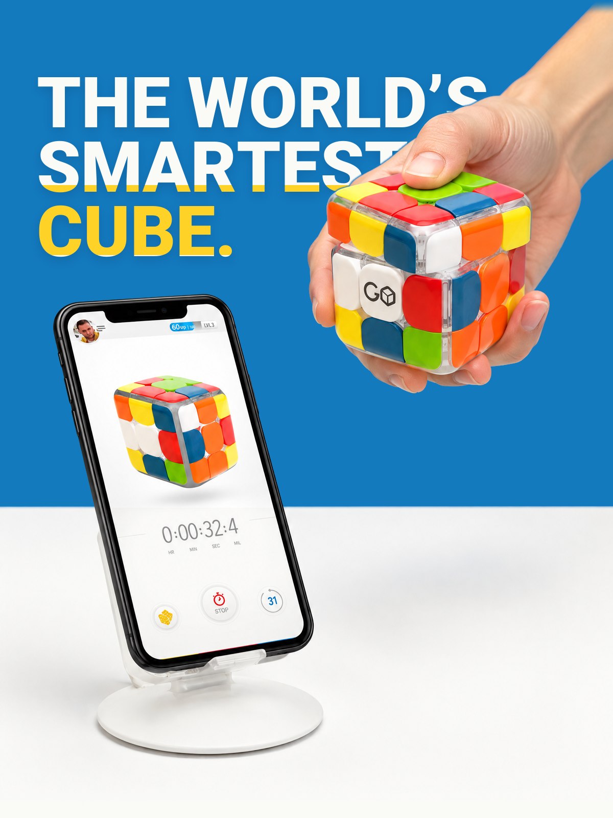 The world&rsquo;s smartest cube. A hand twists GoCube Edge above a phone running the app.