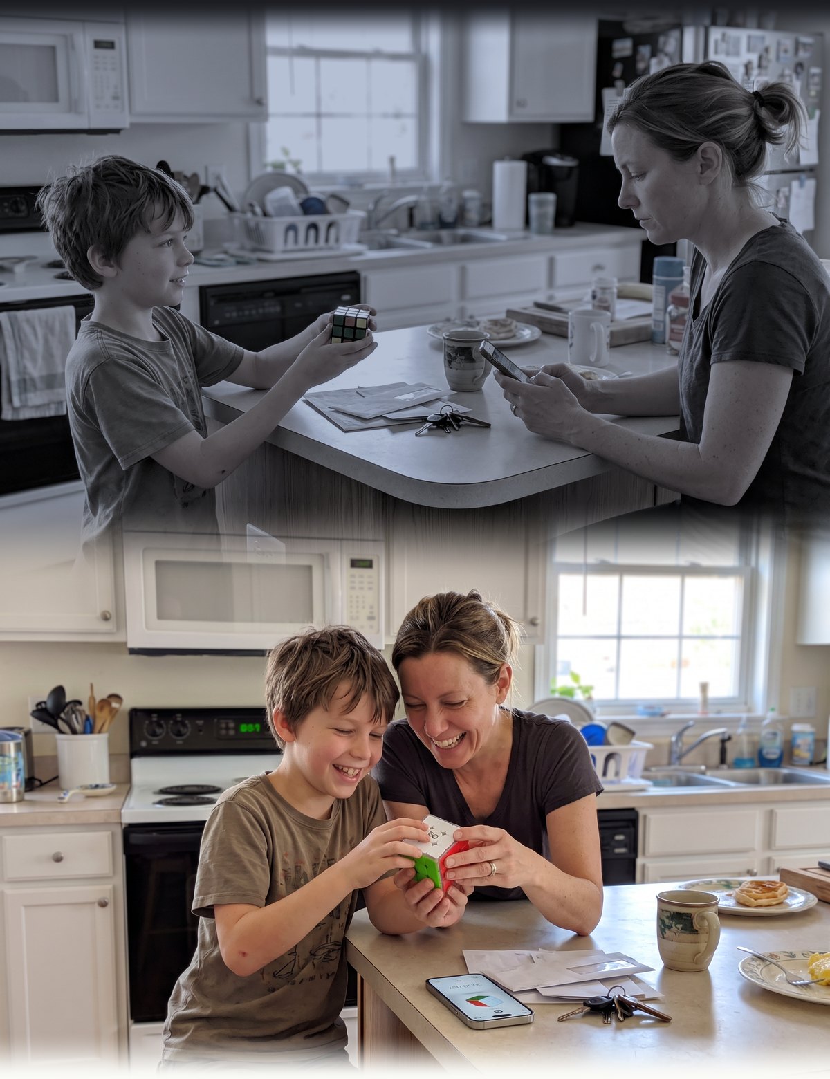 A mom on her phone while her son holds a cube, then the same mom and son solving it together