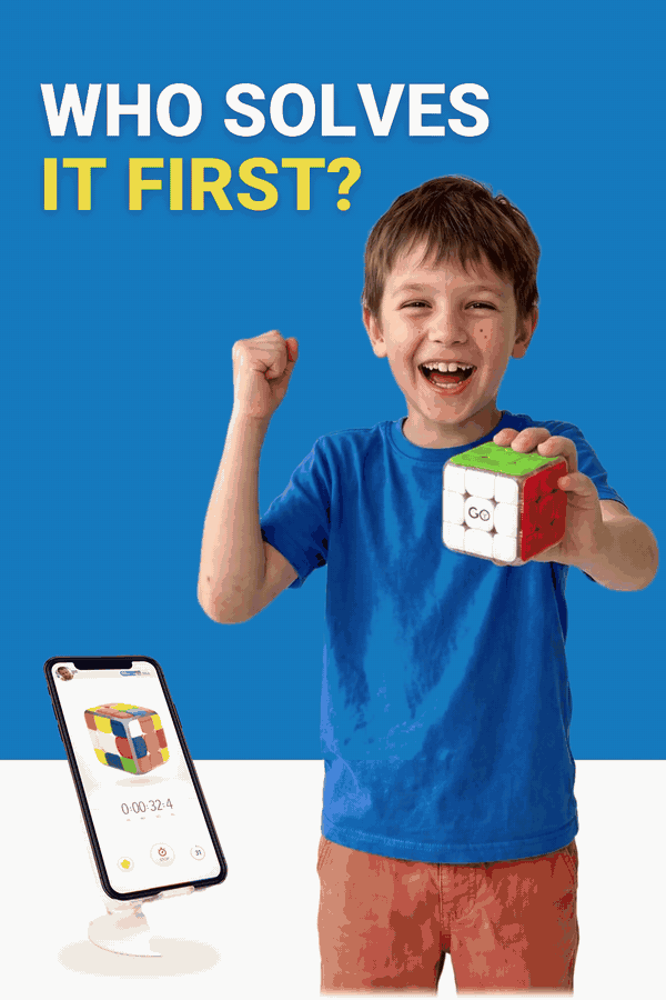 Who solves it first? A boy cheers and twists GoCube Edge next to a phone running the GoCube app.