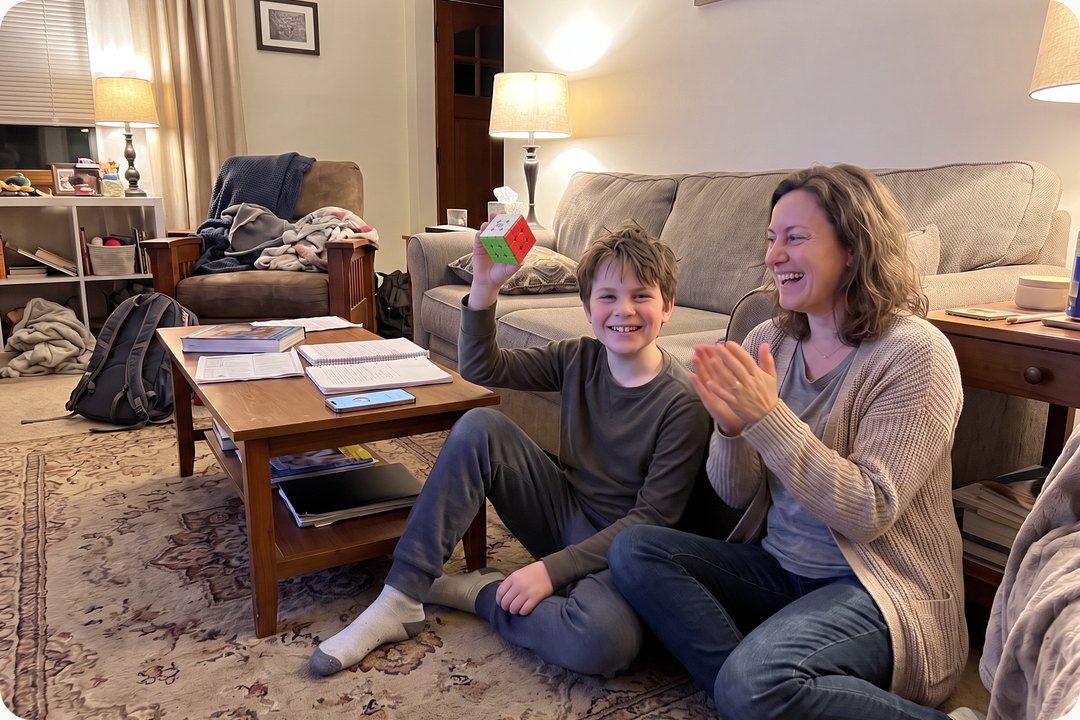 A kid and parent celebrating a GoCube solve