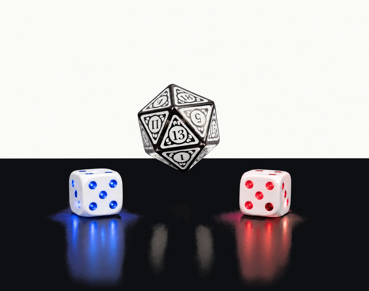 The GoDice D20 Connected bouncing between two glowing GoDice