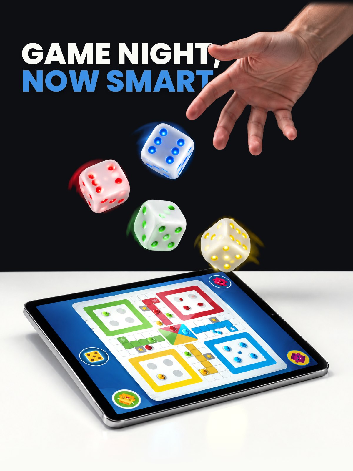 Game night, now smart. A hand rolls four glowing GoDice above a tablet game.