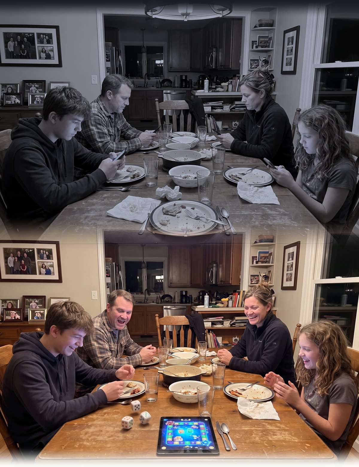 A family at dinner on their phones, then the same family laughing over GoDice