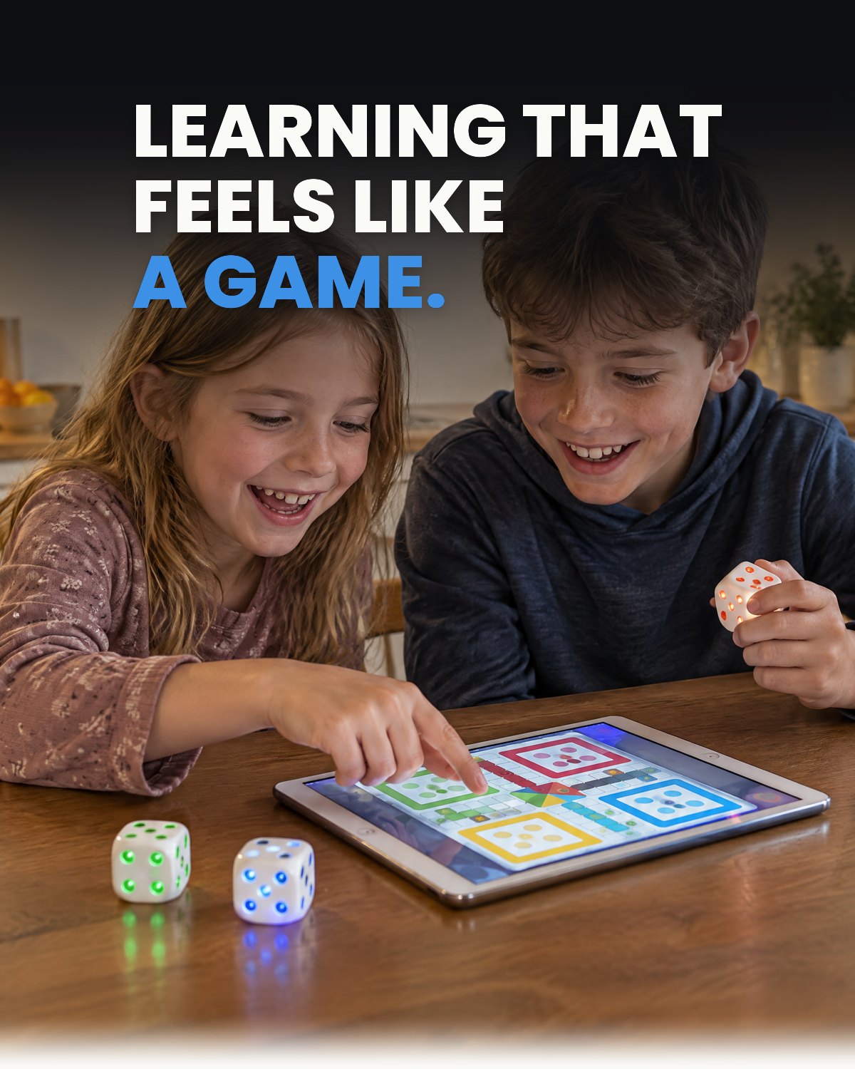 Learning that feels like a game. Two kids laughing over GoDice and a tablet game.
