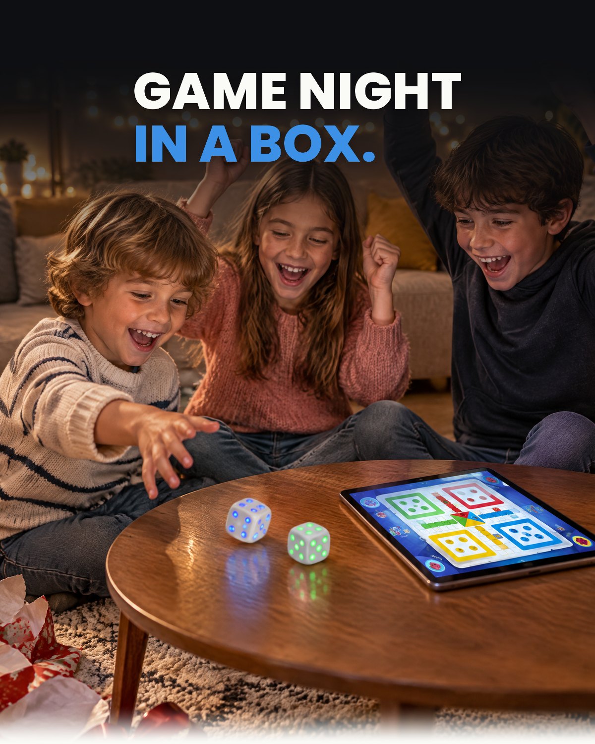 Game night in a box. Three kids cheering as they throw glowing GoDice.
