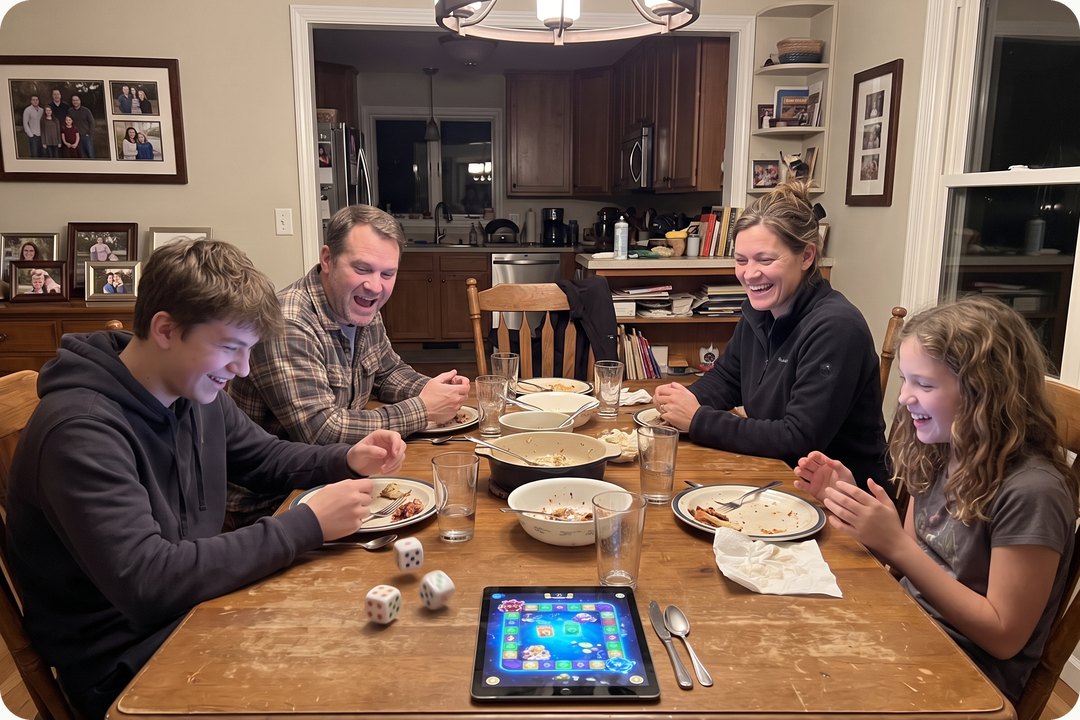 A family playing GoDice at the dinner table