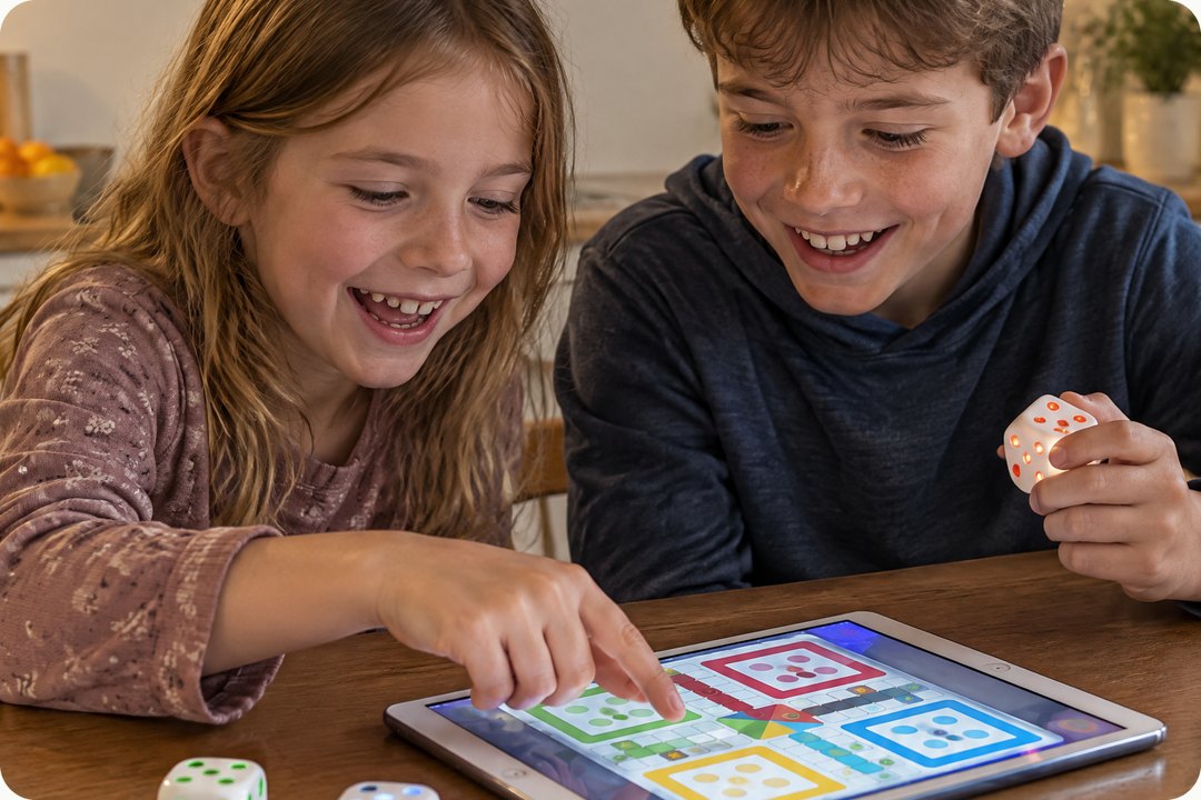 Two kids laughing over GoDice and a tablet game