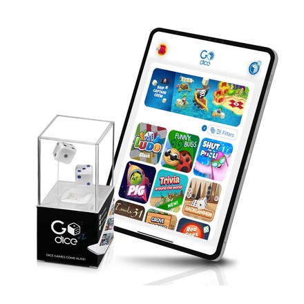 The GoDice 2 Pack in its case beside a tablet