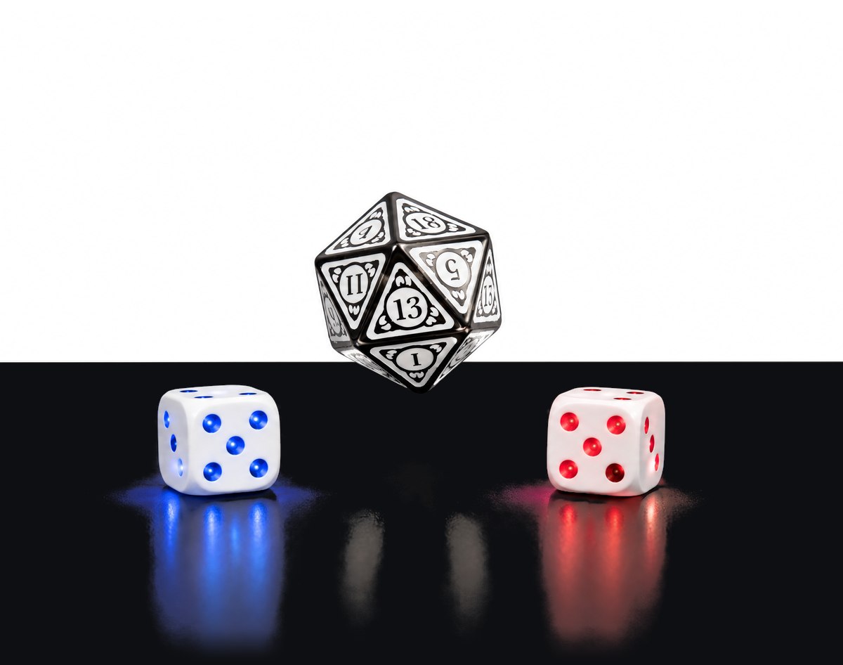 The GoDice D20 Connected bouncing between two glowing GoDice