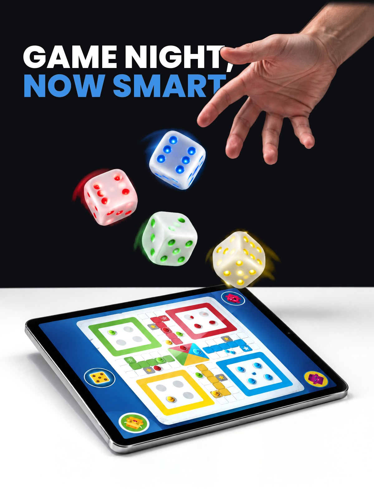 Game night, now smart. A hand rolls four glowing GoDice above a tablet running a dice board game.