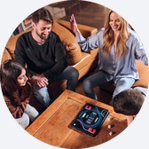 A family playing GoDice around a tablet