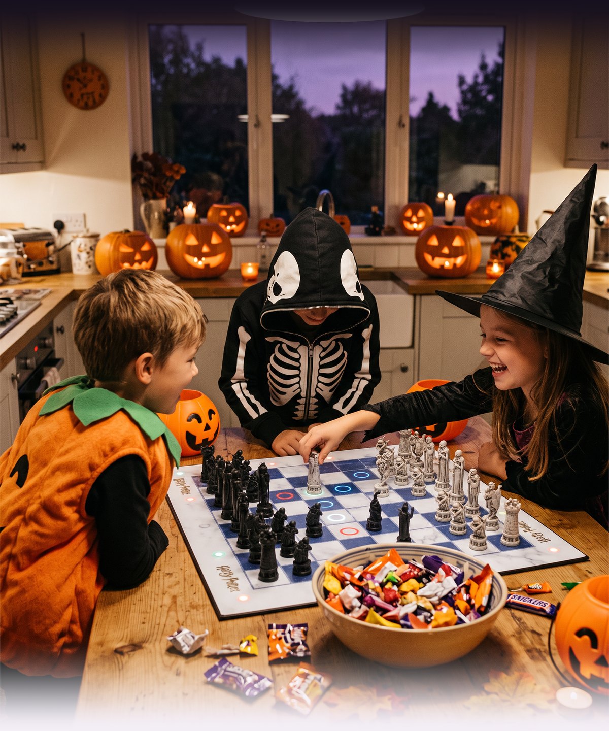 Kids in witch, skeleton and pumpkin costumes playing GoChess Wizard at a Halloween kitchen table