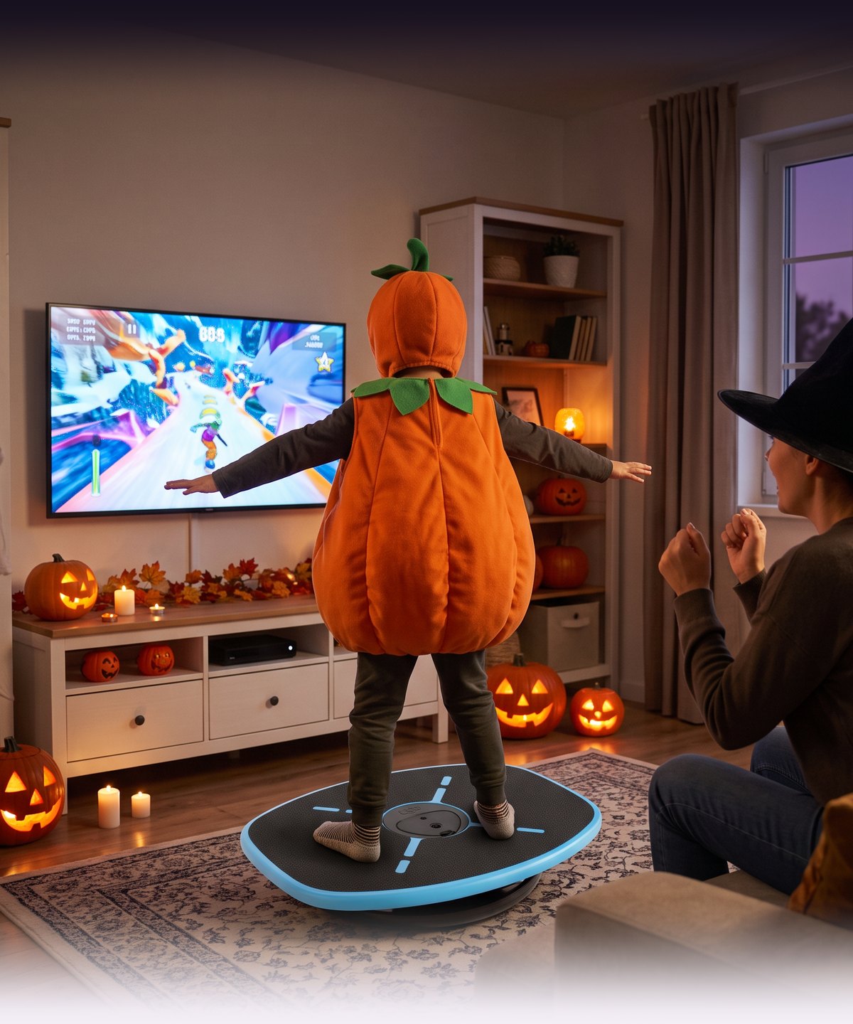A child in a pumpkin costume balancing on GoBalance Sport in front of a TV game