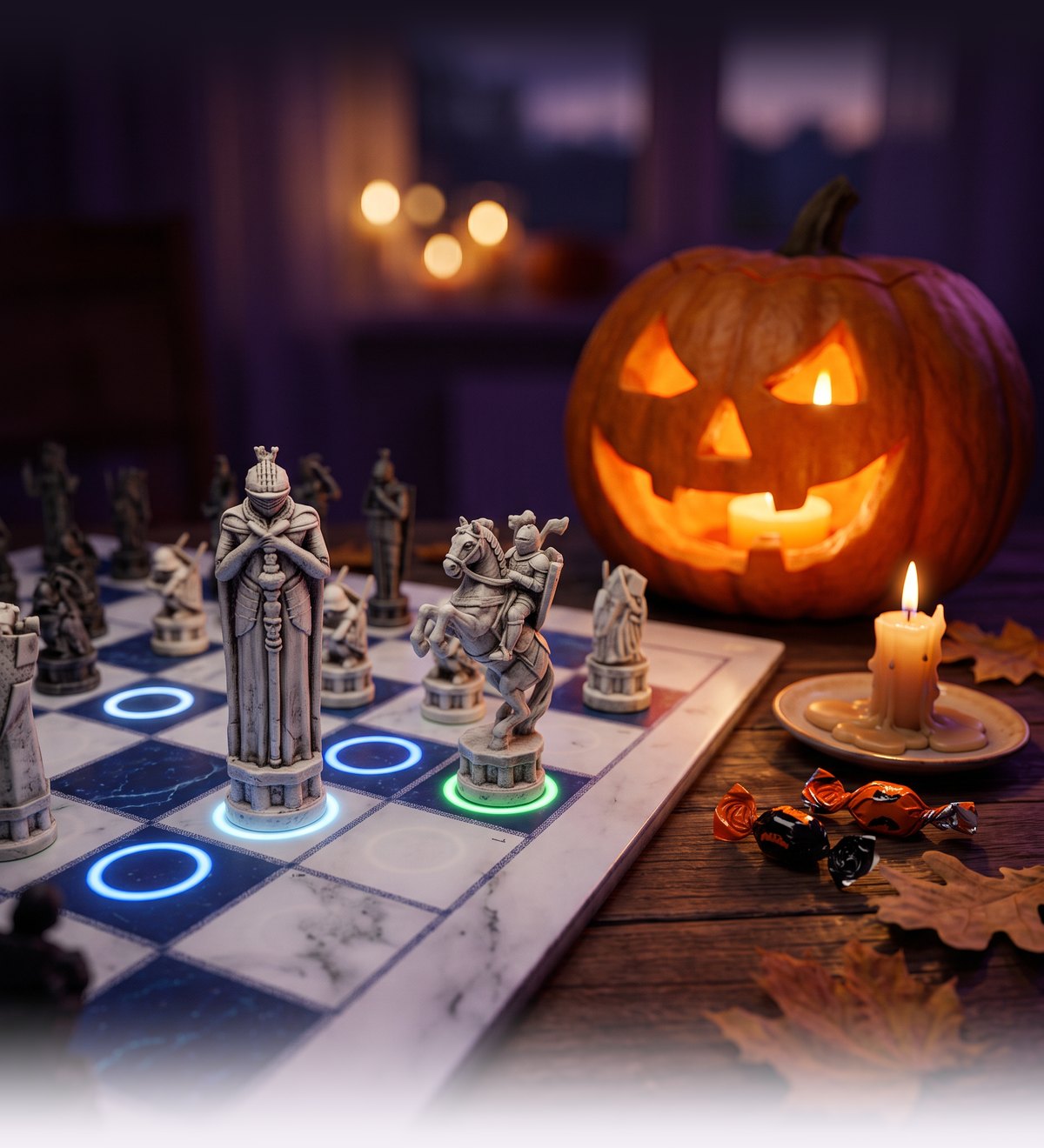 GoChess Wizard pieces on lit coaching rings beside a jack-o’-lantern and a candle burned low