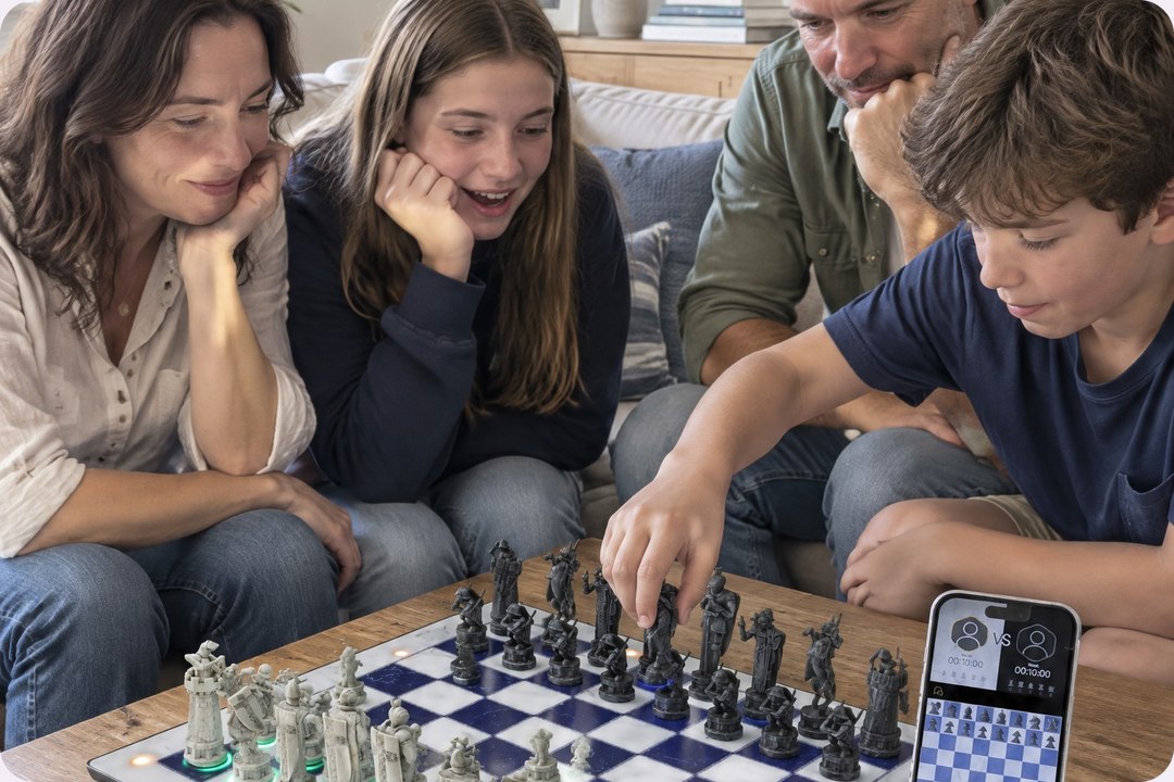 A family around the GoChess Wizard board