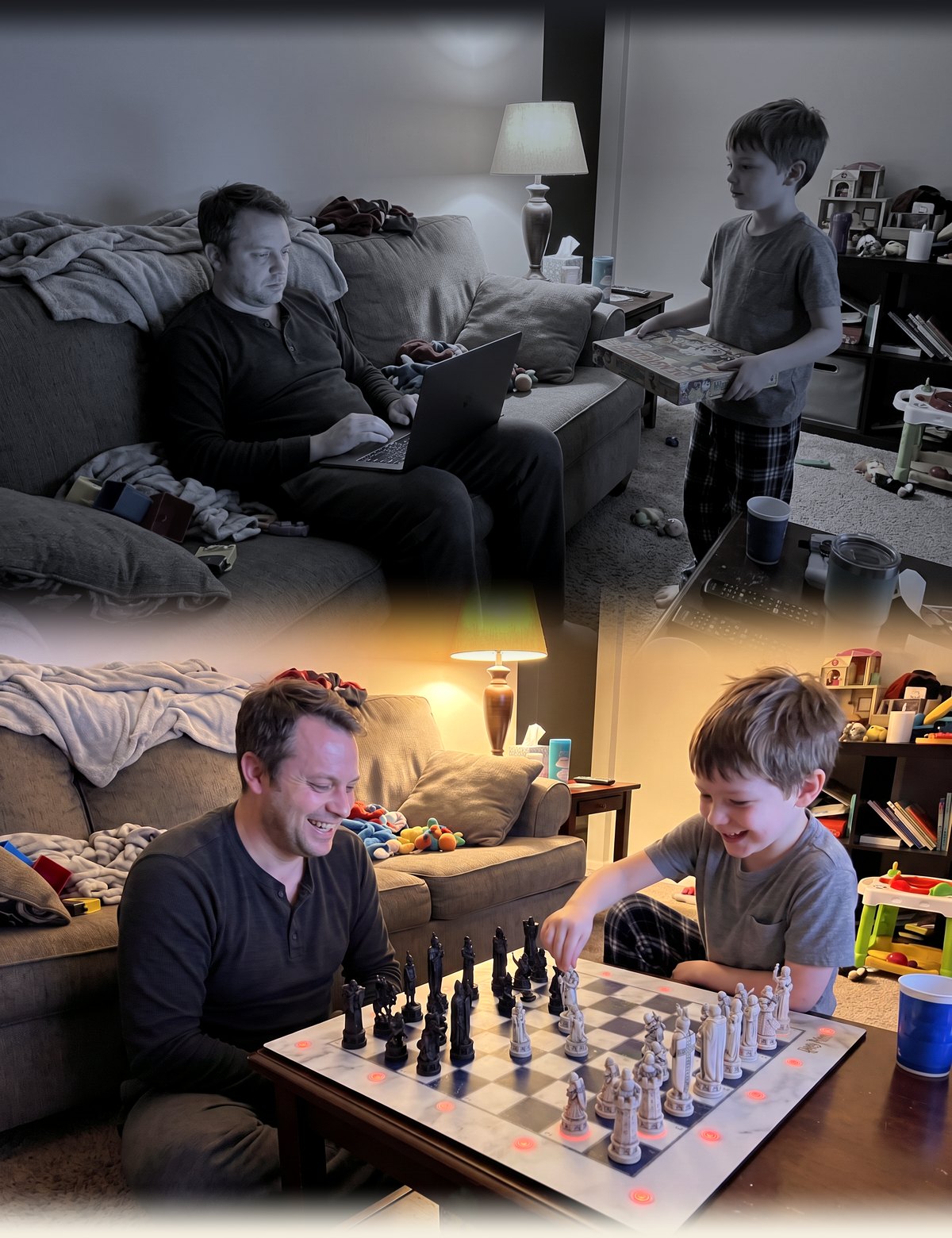 A dad on his laptop while his son waits, then the same dad and son laughing over GoChess Wizard