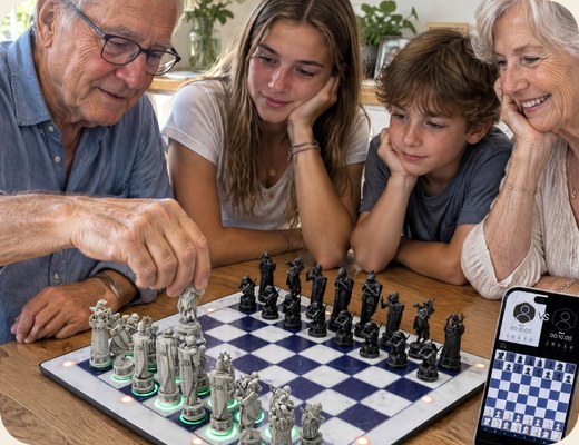 Grandparents and grandkids playing GoChess Wizard together