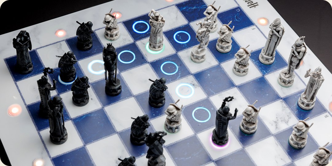 Coaching rings lit around the pieces on the GoChess Wizard board