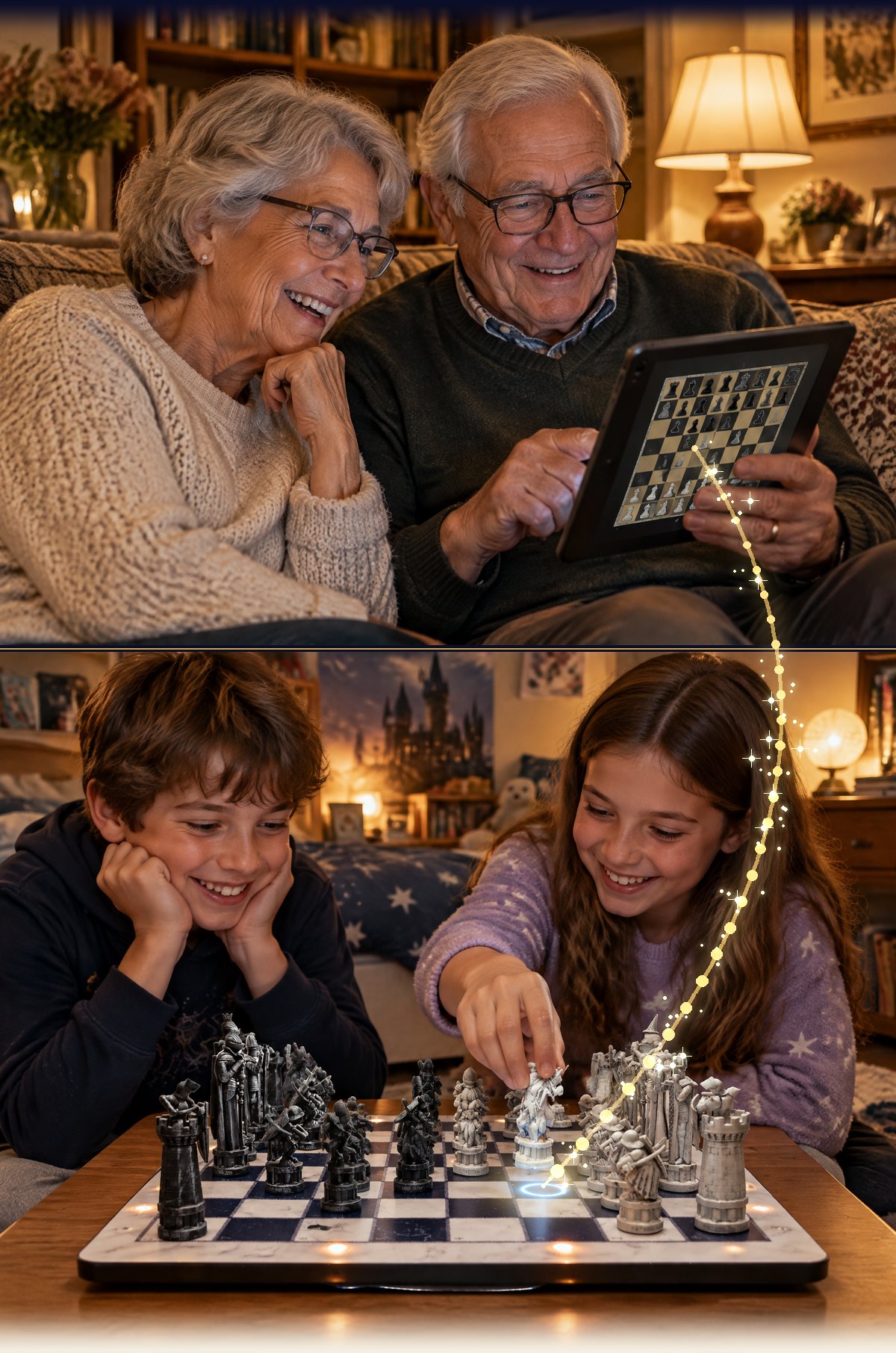 Grandparents play chess on a tablet at home while, in another home, their grandkids play the same game on the GoChess Wizard board