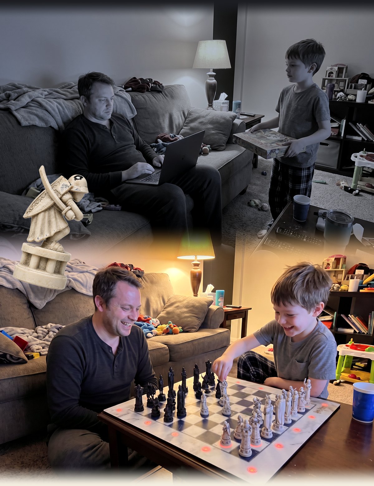 A dad on his laptop while his son waits with a board game, then the same dad and son laughing over GoChess Wizard