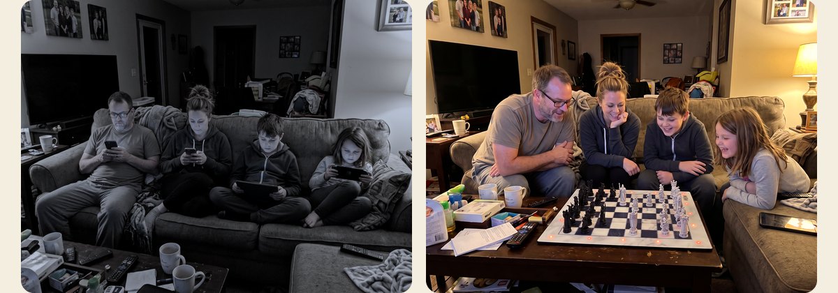 A family each on their own phone, then the same family around GoChess Wizard