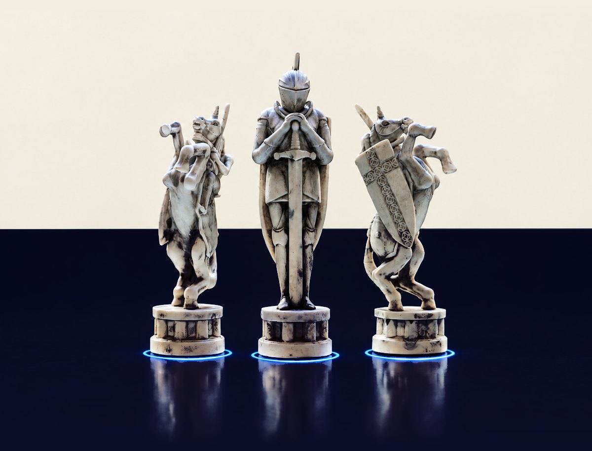The white king and two knights from the GoChess Wizard set, each on a ring of blue light